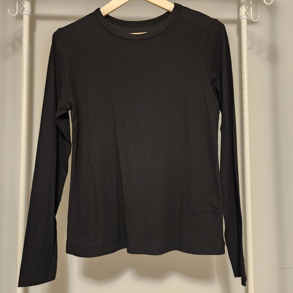 Banana Republic Ribbed Knit Long Sleeve Crew Neck Top Black Large L